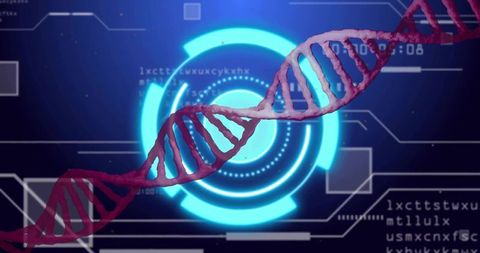 Rotating magenta DNA helix crossing neon HUD with holographic genomics interface and biotech circuit