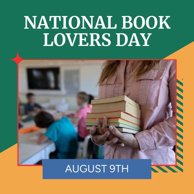 The image shows a classroom setting where a biracial female teacher holds a stack of books in her hands, celebrating National Book Lovers Day on August 9th. This image is ideal for promoting book-related events, educational programs, and literacy initiatives. It can be used in blogs, social media posts, and advertisements targeting readers, students, and educators.