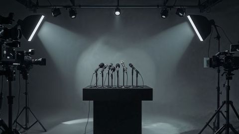 Press conference podium with microphones in professional studio