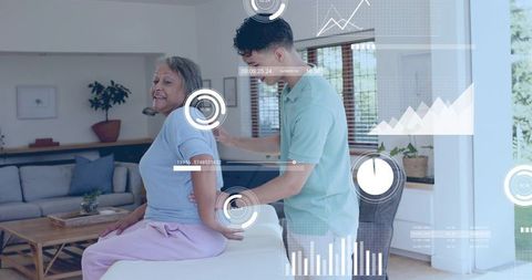 Caregiver assisting senior woman with mobility therapy and digital health hud overlays