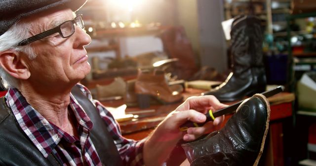 Shoemaker repairing a shoe in workshop 4k