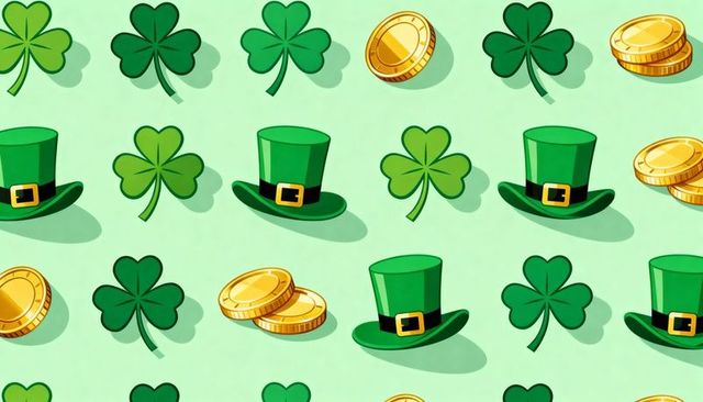 Seamless st patrick's day pattern featuring leprechaun top hat shamrocks and gold coins