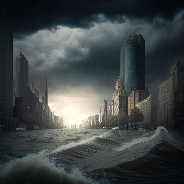 Composition of flooding cityscape with waves and rain created using generative ai technology - Download Free Stock Photos Pikwizard.com