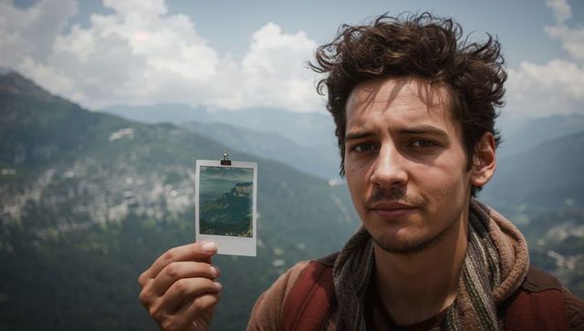 Hiker Holding Instant Photo at Mountain Viewpoint in Nature