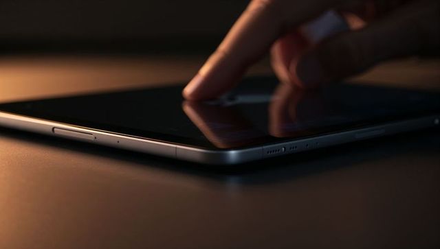 Finger Touching Tablet Screen with Warm Amber Reflection on Metal Edge for Tech Visuals