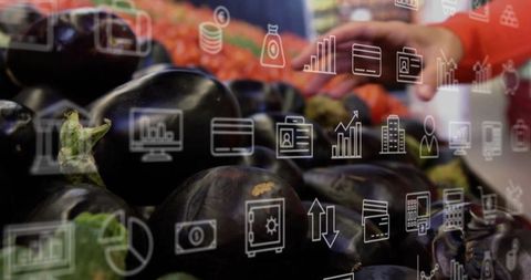 Digital interaction with fresh eggplants in market concept