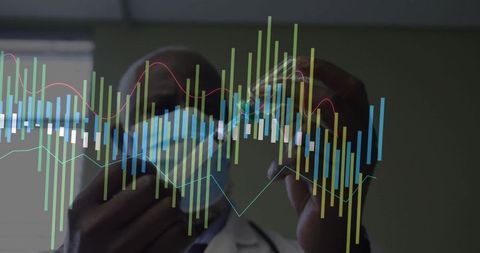 Senior lab technician analyzing vial with augmented reality data overlay clinical diagnostics