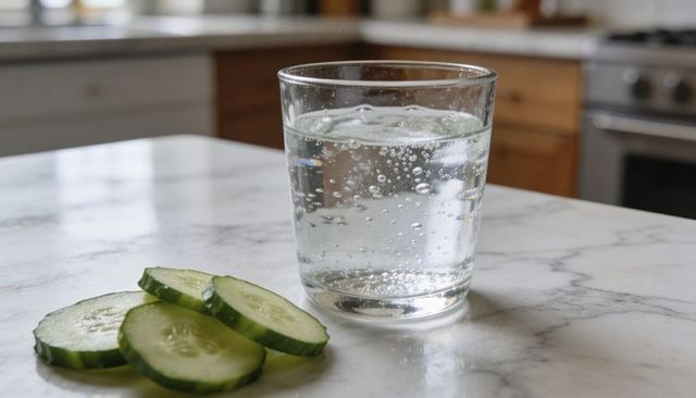 Sparkling water glass sitting on marble countertop with cucumber slices in kitchen