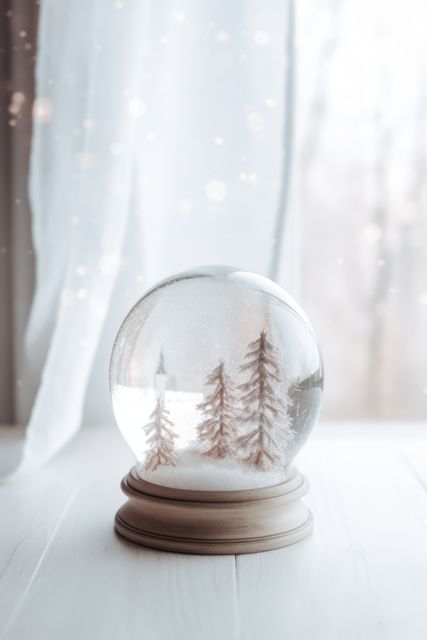 Magical snow globe depicting winter pine trees placed by a sheer-curtained window with soft light. Ideal for holiday cards, festive invitations, home decor inspiration, or Christmas-themed marketing materials. Provides a cozy, warm feeling perfect for winter-related content.