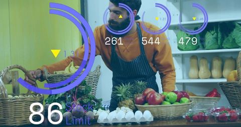 Vendor arranging produce with augmented reality inventory overlays on rustic market stall