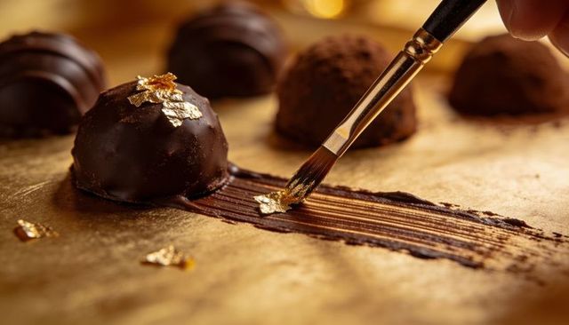 Decorating dark chocolate truffle with edible gold leaf using fine brush on gold surface