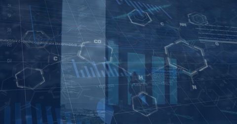 Chemistry formulas overlay financial data digital interface