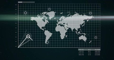Global Tracking Interface HUD with Dotted Pixel World Map and Targeting Reticles