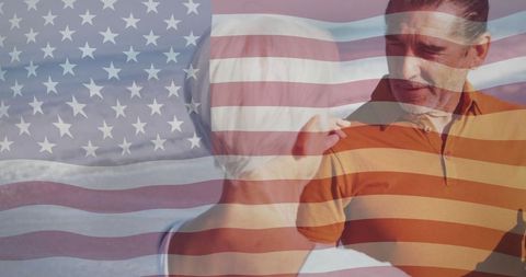 Mother and Adult Son Embracing with Patriotic Flag Overlay by Beach
