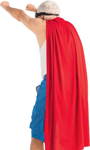 Elderly Man in Superhero Costume with Red Cape Standing Silhouetted