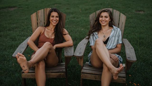Two young women relaxing on adirondack chairs on green lawn smiling barefoot