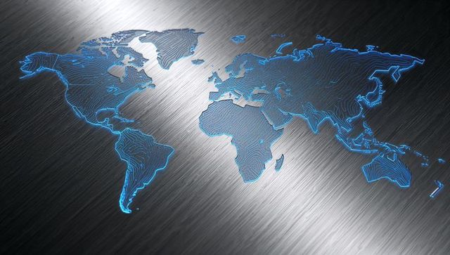 Blue Glowing World Map on Brushed Metal Surface