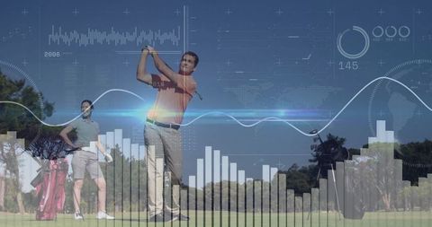 Digital data visualizations blend with golf activity for futuristic analysis theme