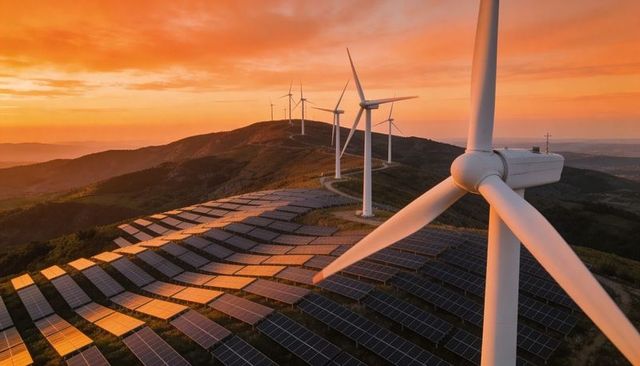 Wind turbine towering over solar panels on sunlit hill ridge at sunset