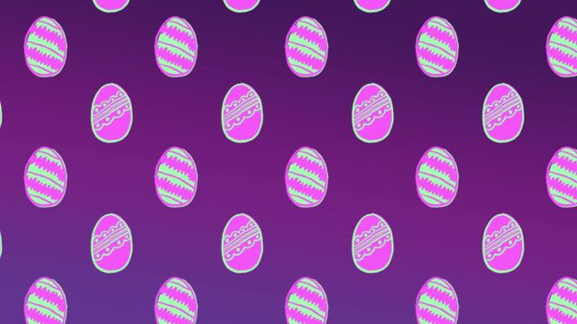 The video showcases animated decorated Easter eggs, colored in pink and green, moving in a systematic formation against a dark purple background. Ideal for festive holiday invitations, celebratory social media posts, digital greeting cards, and spring season promotions.