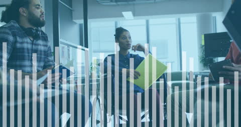 Business Team Discussing Financial Insights with Data Overlay