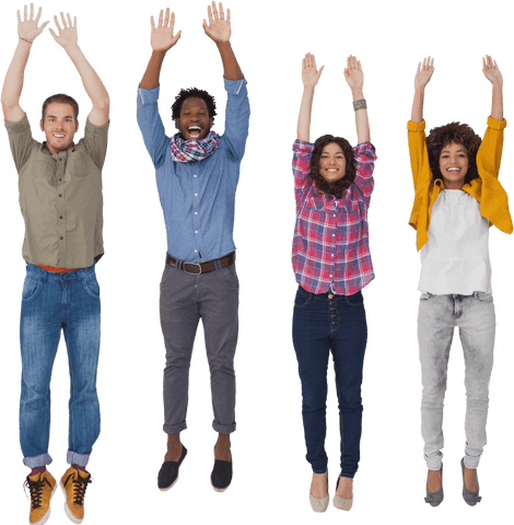 Transparent group of friends happily jumping together