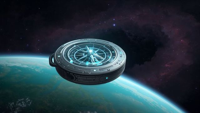 Futuristic compass floating above earth in space
