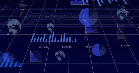 Displaying 3D holographic data dashboard with blue analytics grid, charts and readouts