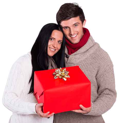 Smiling Couple Holding Large Red Gift Box on Transparent Background