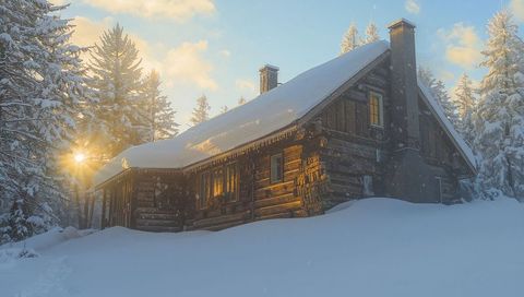 Rustic log cabin glowing at golden hour in snowy pine forest with icicles