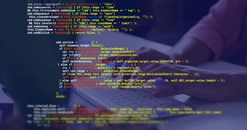 Female Coder Typing on Laptop with Colorful Code Overlay, Neon Moody Developer Workspace