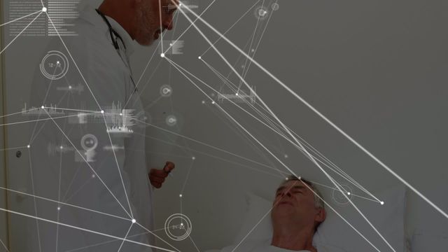 Medical doctor communicating with elderly patient using networked digital technology. Represents the intersection of healthcare and modern technology. Useful for themes of innovation in medical field, patient care advancements, healthcare technology integration, and professional medical services.