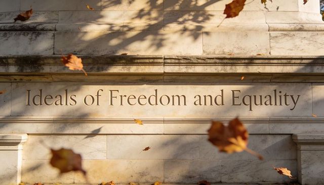 Featuring engraved ideals of freedom and equality on marble monument with falling autumn leaves