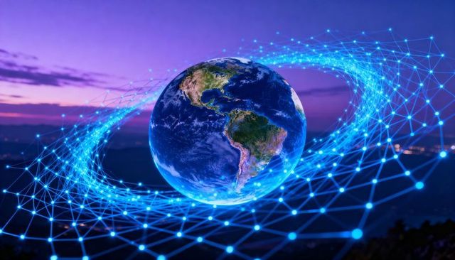 Glowing digital earth surrounded by blue network mesh rotating above dusk cityscape network