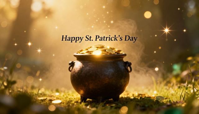 Misty woodland pot of gold glowing with coins and sparkles for st patrick's day greeting