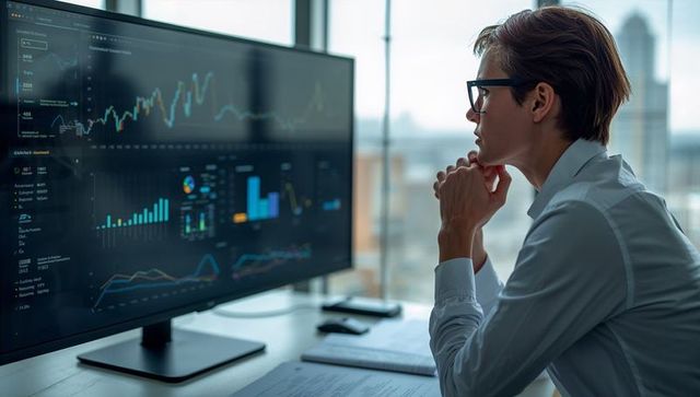 Business analyst studying financial dashboards on ultrawide monitor in modern office