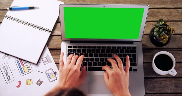 Person working on laptop with green screen, creative workspace - Download Free Stock Images Pikwizard.com