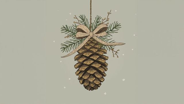 Hanging pinecone ornament with burlap bow and evergreen sprig on sage background