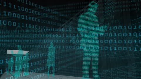 Digital Data Streams Flowing Through Silhouetted Figures