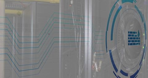 Cybersecurity concept with digital firewall and server room