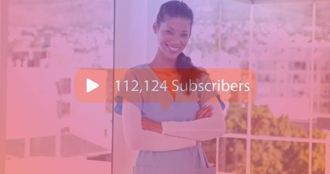Smiling nurse achieving youtube subscriber milestone