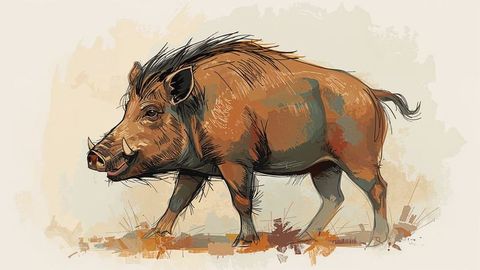 Stylized Illustration of Brown Wild Boar in Rustic Setting