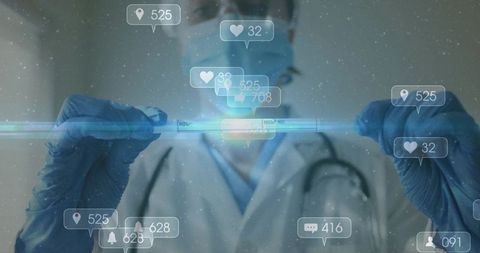 Clinician inspecting test tube with holographic ar interface in modern clinical laboratory
