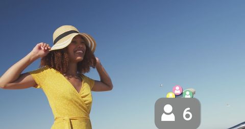 Joyful Woman Enjoying Beach with Social Media Icons