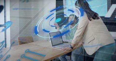 Engineers Analyzing Hologram Display in Modern Office Meeting