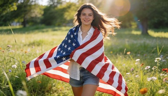Young woman strolling through sunlit wildflower meadow wrapped in american flag, smiling