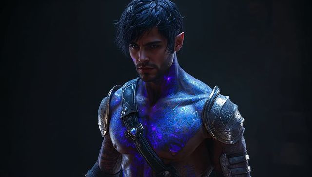 Mystical tattooed warrior in enchanted cave realm