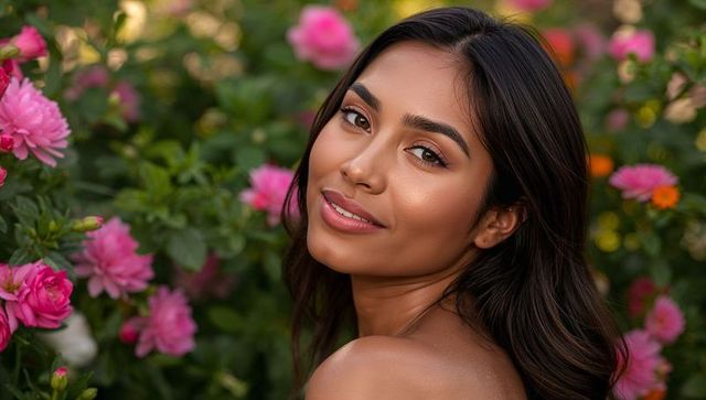 Sunlit rose garden portrait: woman posing over shoulder with glowing skin and bokeh