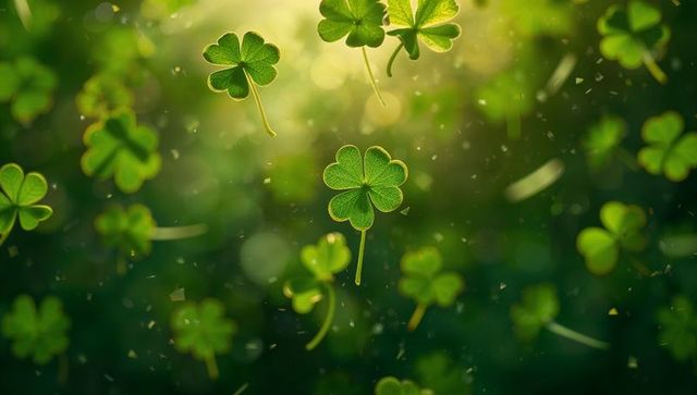 Floating Four-Leaf Clover Macro with Veined Detail and Backlit Bokeh Green Meadow