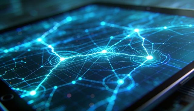 Displaying neon network grid on tablet touchscreen with glowing nodes and digital mesh